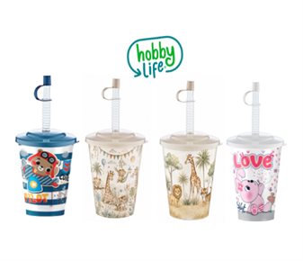 HOBBY LİFE KAPAKLI DESENLİ PİPETLİ BARDAK ~500 ml